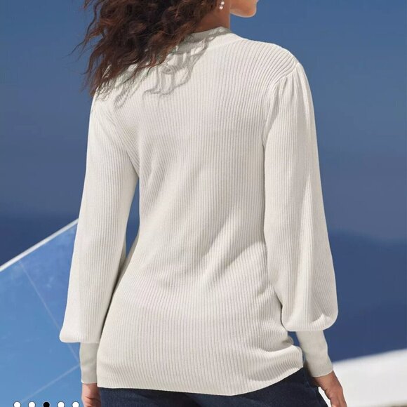 Boston Proper SZL Ivory Viscose Mock Neck Ribbed Sweater Minimalist Classic Chic - Picture 2 of 12